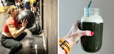 One picture of a woman exercising with a medicine ball and a picture of a cup of AG1