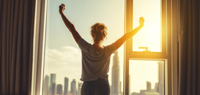 A woman stretching by her window in the morning